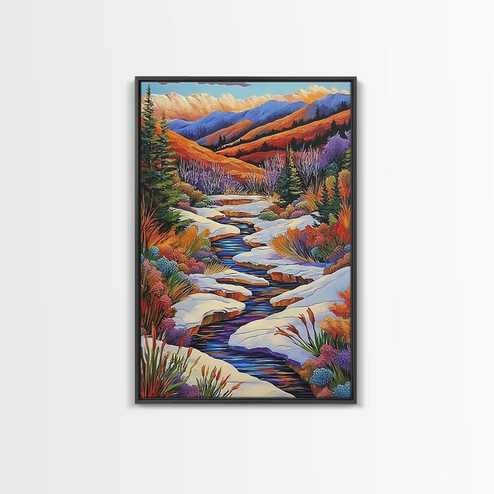 Autumn Snow Creek, Mountain Fall Scene, Nature River Painting, Framed Canvas Print, Cozy Living Room Wall Art, Rustic Cabin Style