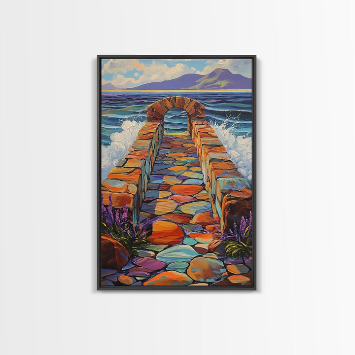 Ocean Stone Path Painting, Canvas Print, Coastal entryway art, vibrant beach decor, boho landscape print, nautical wall piece