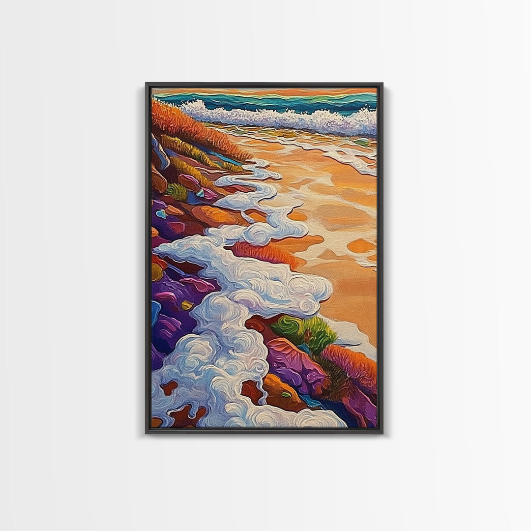 Ocean Shore Foam, Abstract Beach Scene, Coastal Texture Art, Framed Canvas Print, Summer Bathroom Wall Art, Vibrant Seaside Style