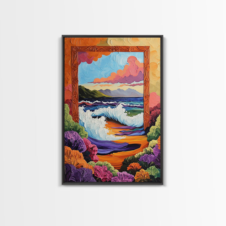 Ocean Frame, Crashing Waves, Surreal Seascape, Floral Shoreline, Framed Canvas Print, Coastal Wall Art, Bathroom Decor, Dreamy Beach Art