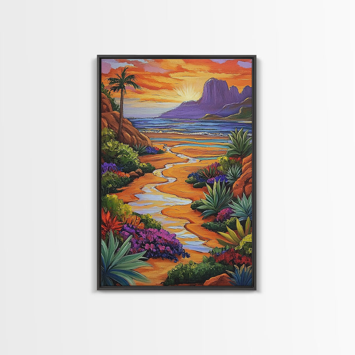 Desert Beach, Mountain Sunset, Ocean Stream, Palm Tree — Framed Canvas Print vibrant landscape wall art, boho living room, beach house decor