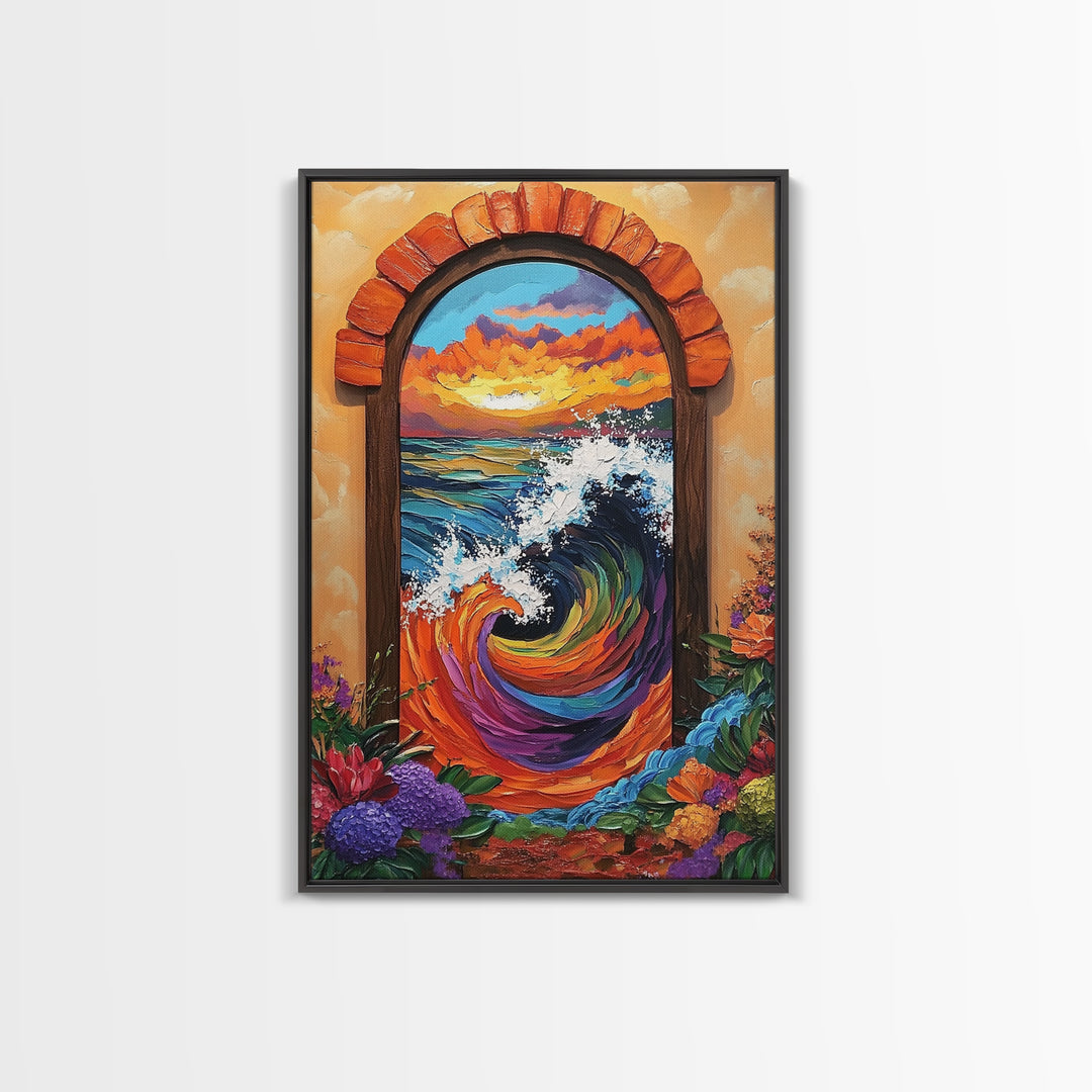 Ocean Wave Portal, Whimsical Sea Art, Sunset Coastal Decor, Framed Canvas Print, Living Room Accent, Vivid Nautical Painting
