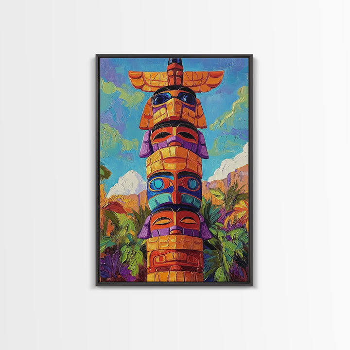 Totem Pole Painting, Tribal Inspired Decor, Canvas Print, Vibrant Wall Art, Boho Art Style, Entryway Statement Art, Unique Cultural Art