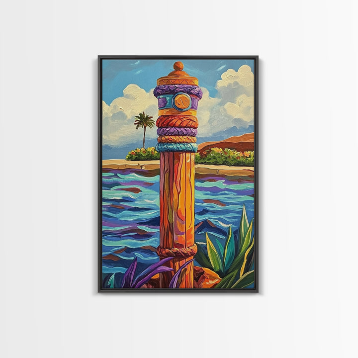 Nautical Pole Art, Tropical Shoreline Decor, Canvas Print, Coastal Boho Wall Art, Bathroom Beach Theme, Island Inspired Design
