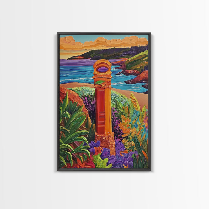 Coastal Landmark Art, Beach Garden View, Framed Canvas Print, Vibrant Landscape Wall Art, Sunroom Decor, Bright Coastal Scene