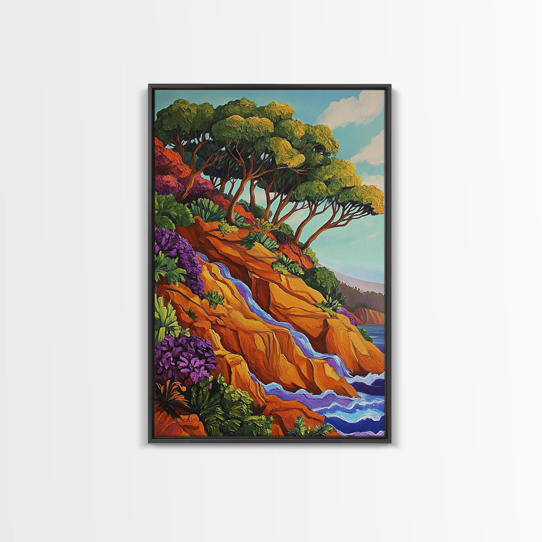 Cliffside Trees Flow, Coastal Waterfall Art, Canvas Print, Scenic Nature Wall Decor, Spa Bathroom Wall Art, Tranquil Landscape Scene