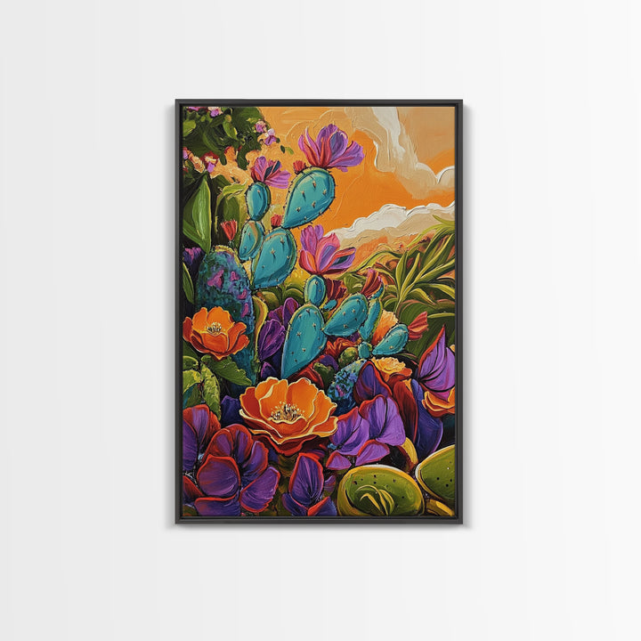 Prickly Wildflowers, Cactus, Garden, Framed Canvas Print floral cactus art, vibrant botanical painting, nature decor, desert boho living room
