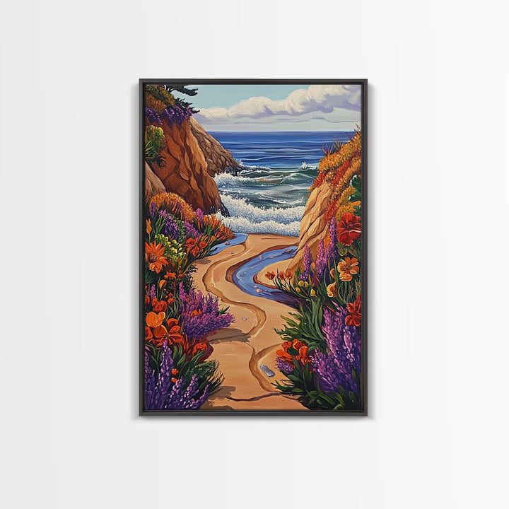 Coastal Path, Floral Trail, Ocean View, Beach Landscape, Framed Canvas Print, boho art, hallway decor, tropical wall art, beach house art