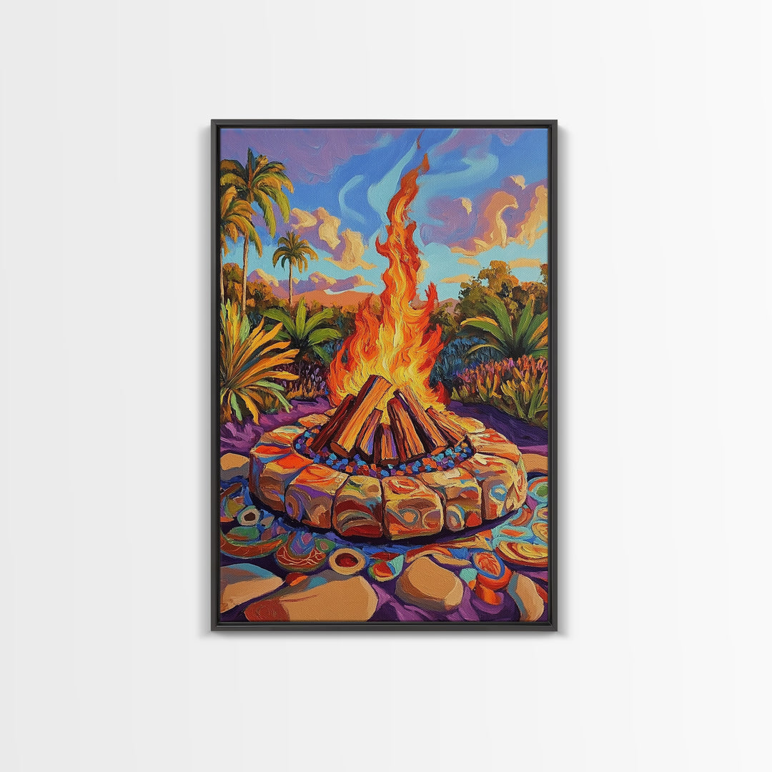 Campfire Palm Trees, Flame, Sunset, Framed Canvas Print tropical bonfire art, cozy fire pit painting, Fall decor, outdoor living room wall art