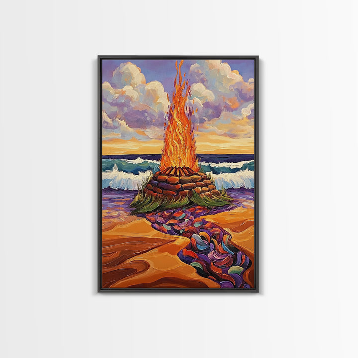 Bonfire Beach, Twilight, Ocean, Framed Canvas Print fire pit artwork, vibrant beach decor, ocean waves and flames, Fall living room wall art