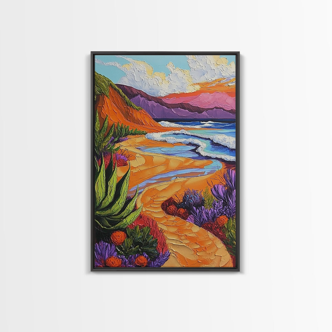 Beach Path, Sunset, Bliss, Canvas Print, tropical beach decor, bold wall art, coastal boho artwork, vibrant summer vibes, Bathroom or Hallway