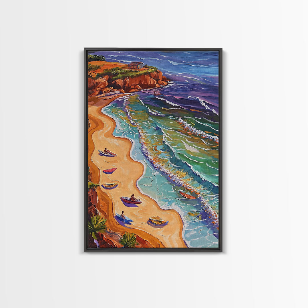 Beach Waves, Boats, Aerial Coastal Landscape, Framed Canvas Print, Boho Ocean Art, Bathroom Wall Decor, Vibrant Nautical Artwork