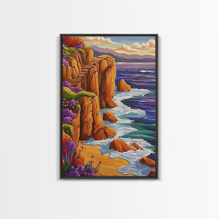 Ocean Cliffside, Path, Sunset, Canvas Print scenic ocean stairs artwork, coastal nature landscape print, Bedroom Wall Art, boho art