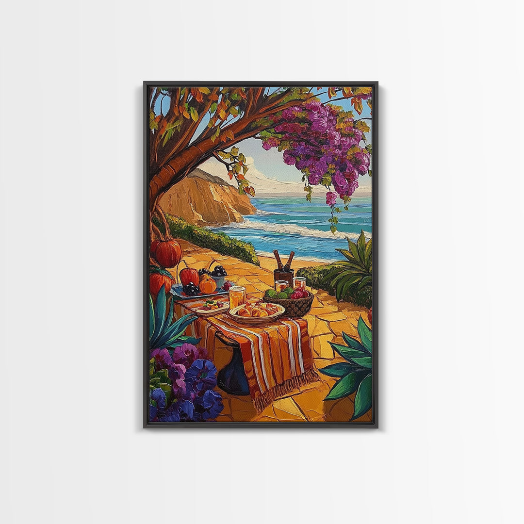 Picnic Beach, Fall Ocean, Framed Canvas Print cozy coastal picnic painting, fall harvest beachside art, Dining Room Wall Art, rustic art
