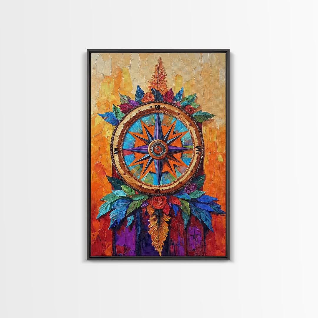 Compass, Rustic, Floral, Wall, Framed Canvas Print, Boho compass rose art with flowers, ideal bohemian home decor or entryway statement art