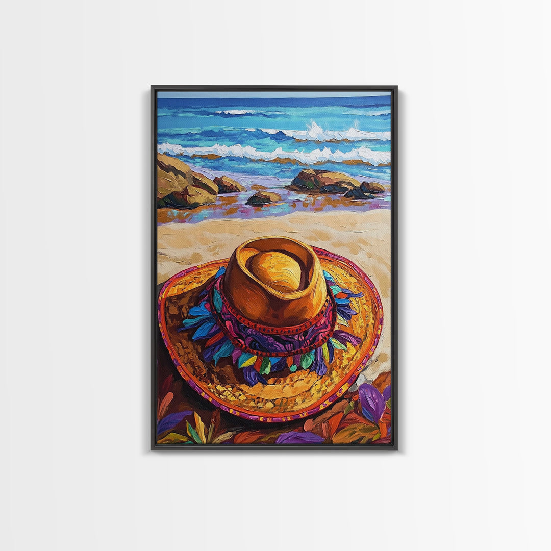 Beach, Hat, Summer, Coastal, Canvas Print, Summer beach scene with festive sombrero, great coastal kitchen or vacation home wall art