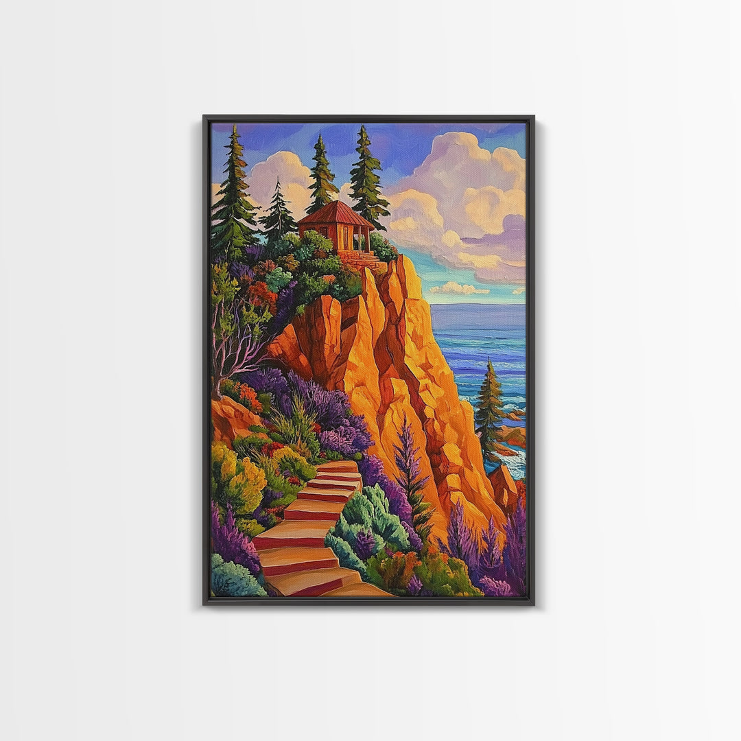 Cliff Cabin, Ocean, Trees, Framed Canvas Print, Seaside cabin on cliff with vivid trees and ocean view, rustic fall living room wall art
