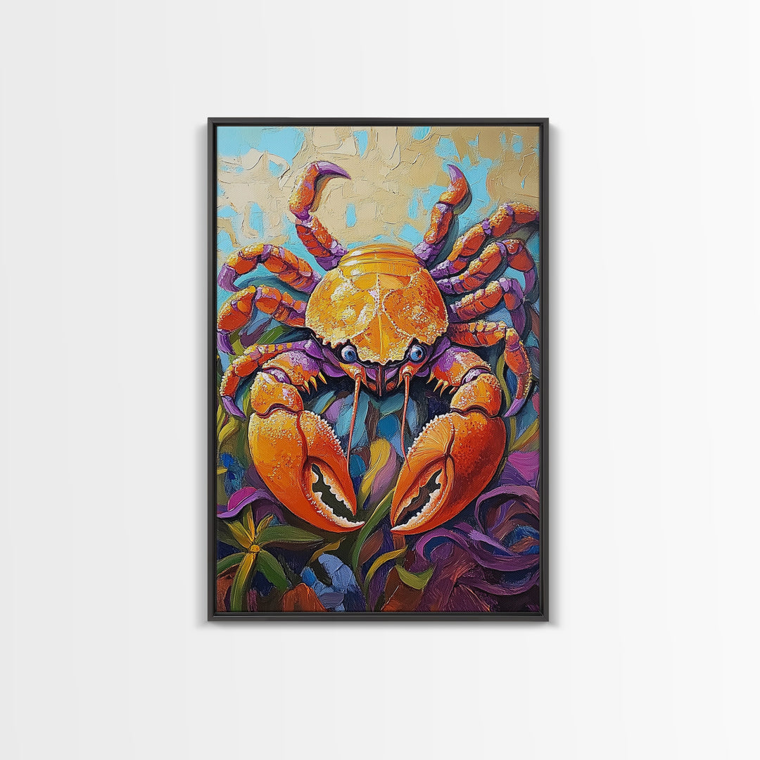Crab Ocean, Bold, Seafood, Framed Canvas Print, Colorful crab painting with vivid detail, fun nautical art, beach kitchen decor