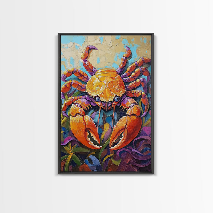 Crab Ocean, Bold, Seafood, Framed Canvas Print, Colorful crab painting with vivid detail, fun nautical art, beach kitchen decor