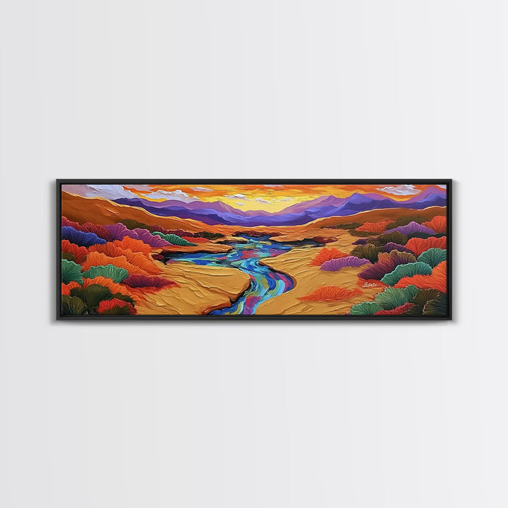 Desert River Sunset, Bold Nature Painting, Vibrant Landscape, Fall Wall Decor, Earthy Living Room Framed Canvas Print, Beach House Wall Art