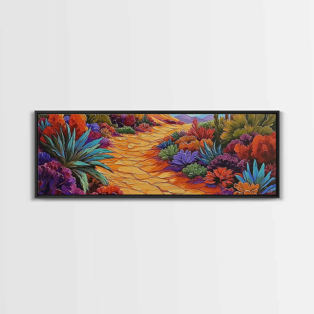 Desert Pathway, Wildflower Trail, Vibrant Colors, Boho Landscape, Framed Canvas Print, Entryway Wall Art, Boho Living Room