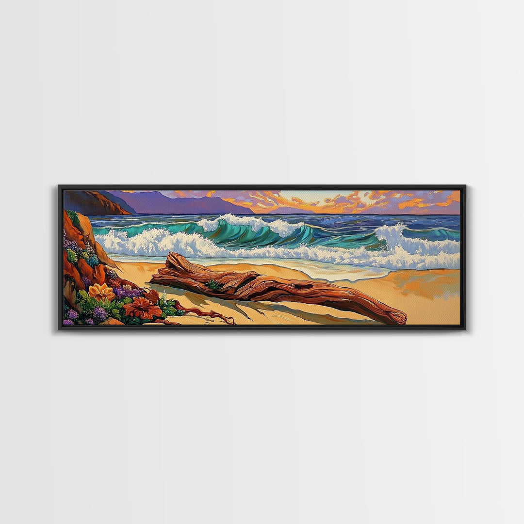 Ocean Shore Driftwood, Seaside Flower Art, Nature Landscape, Framed Canvas Print, Coastal Living Room or Beach House Wall Art