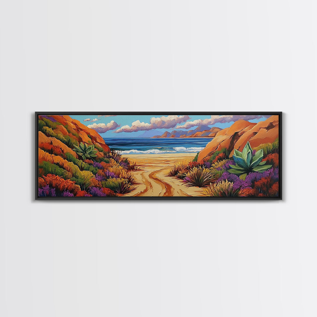 Desert Path, Beach Escape, Vibrant Nature, Scenic View, Framed Canvas Print, landscape painting, hallway art, sunset wall decor