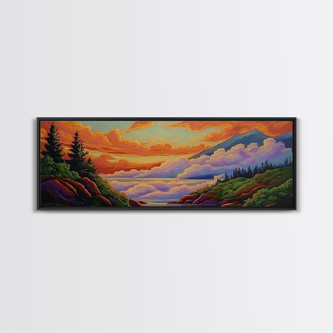 Cloudy Mountains, Sunset Glow, Forest Horizon, Tranquil Vibes, Framed Canvas Print, peaceful landscape, bedroom wall art