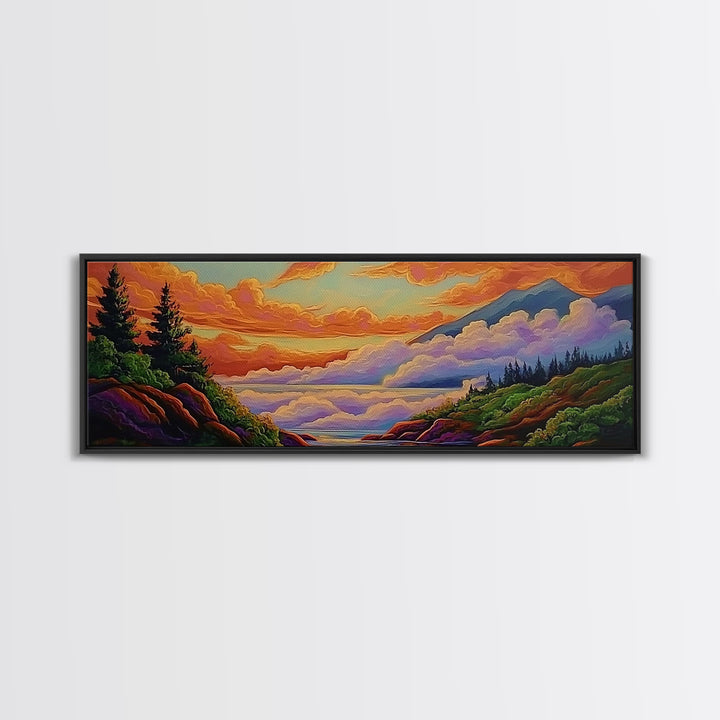Cloudy Mountains, Sunset Glow, Forest Horizon, Tranquil Vibes, Framed Canvas Print, peaceful landscape, bedroom wall art