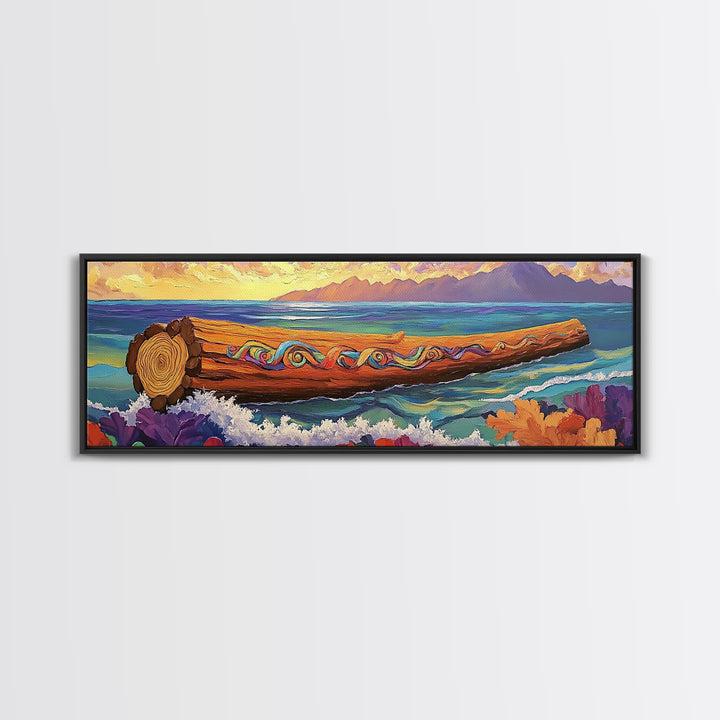 Ocean Driftwood Painting, Coastal Log Art, Vibrant Nautical Wall Scene, Framed Canvas Print, Beach House Decor, Living Room Art