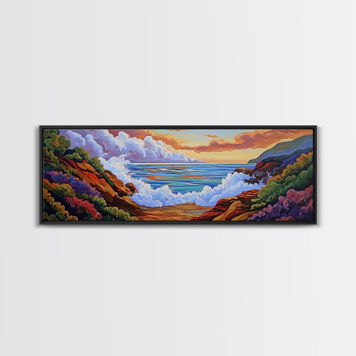 Crashing Waves Painting, Rocky Shoreline View, Sunset Coastal Landscape, Framed Canvas Print, Nautical Art, Living Room Decor