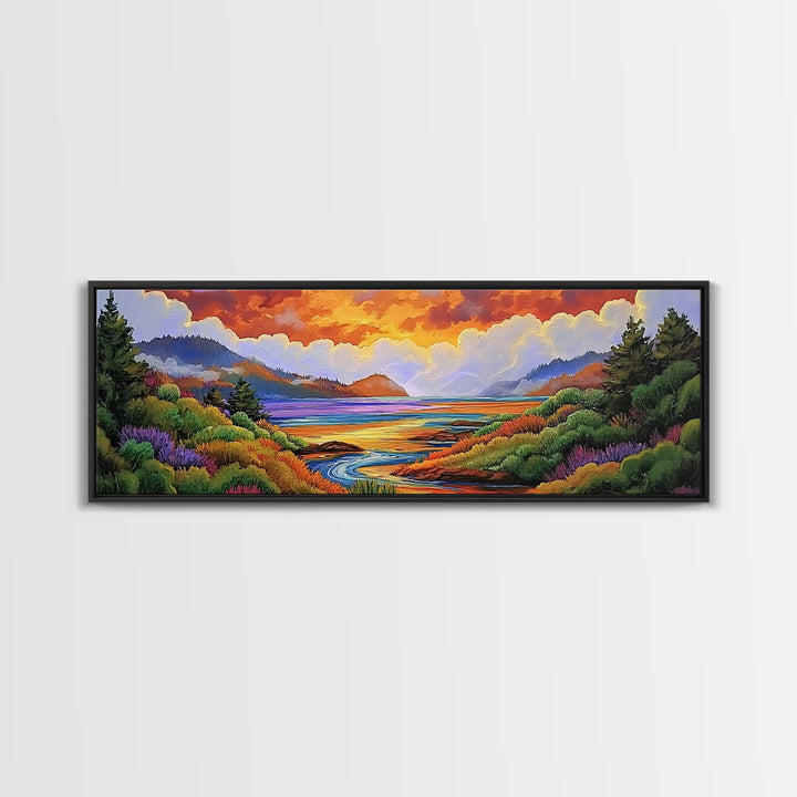 Sunset Lake Scene, Mountain View Art, Tranquil Waterscape Landscape, Framed Canvas Print, Nature Office Decor, Living Room Art
