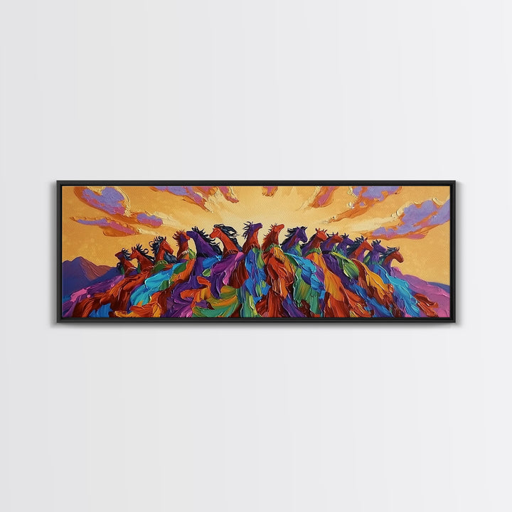 Running Wild Horses, Abstract Herd Scene, Sunset Equine Painting, Framed Canvas Print, Western Bedroom Wall Art, Living Room Decor