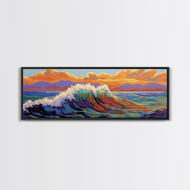Ocean Wave Sunset, Vibrant Seascape Painting, Tropical Horizon Scene, Framed Canvas Print, Coastal Wall Art, Nautical Decor