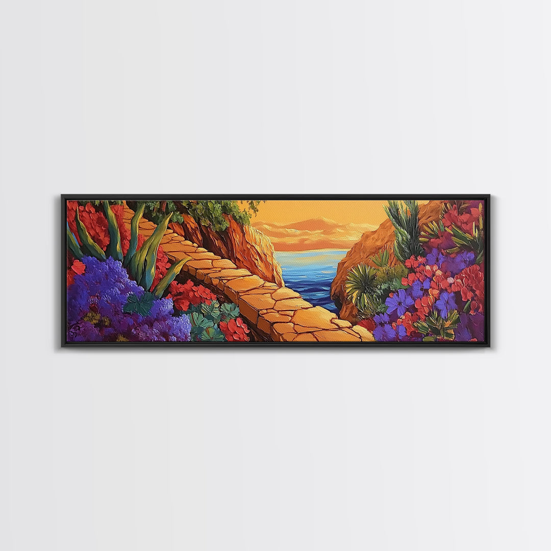 Desert Path, Floral Trail, Mountain View, Framed Canvas Print, Southwestern Wall Art, Nature Inspired Art, Boho Vibe, Living Room Decor