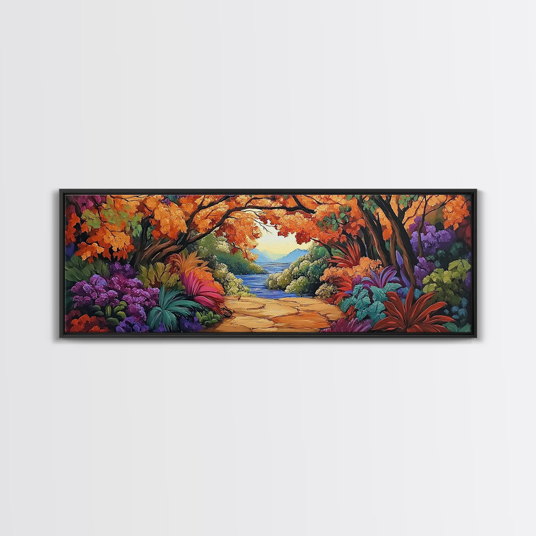 Autumn Archway, Colorful Path, Forest Lake, Vibrant Trees, Framed Canvas Print, Entryway Wall Art, Fall Nature Scene, Boho Art