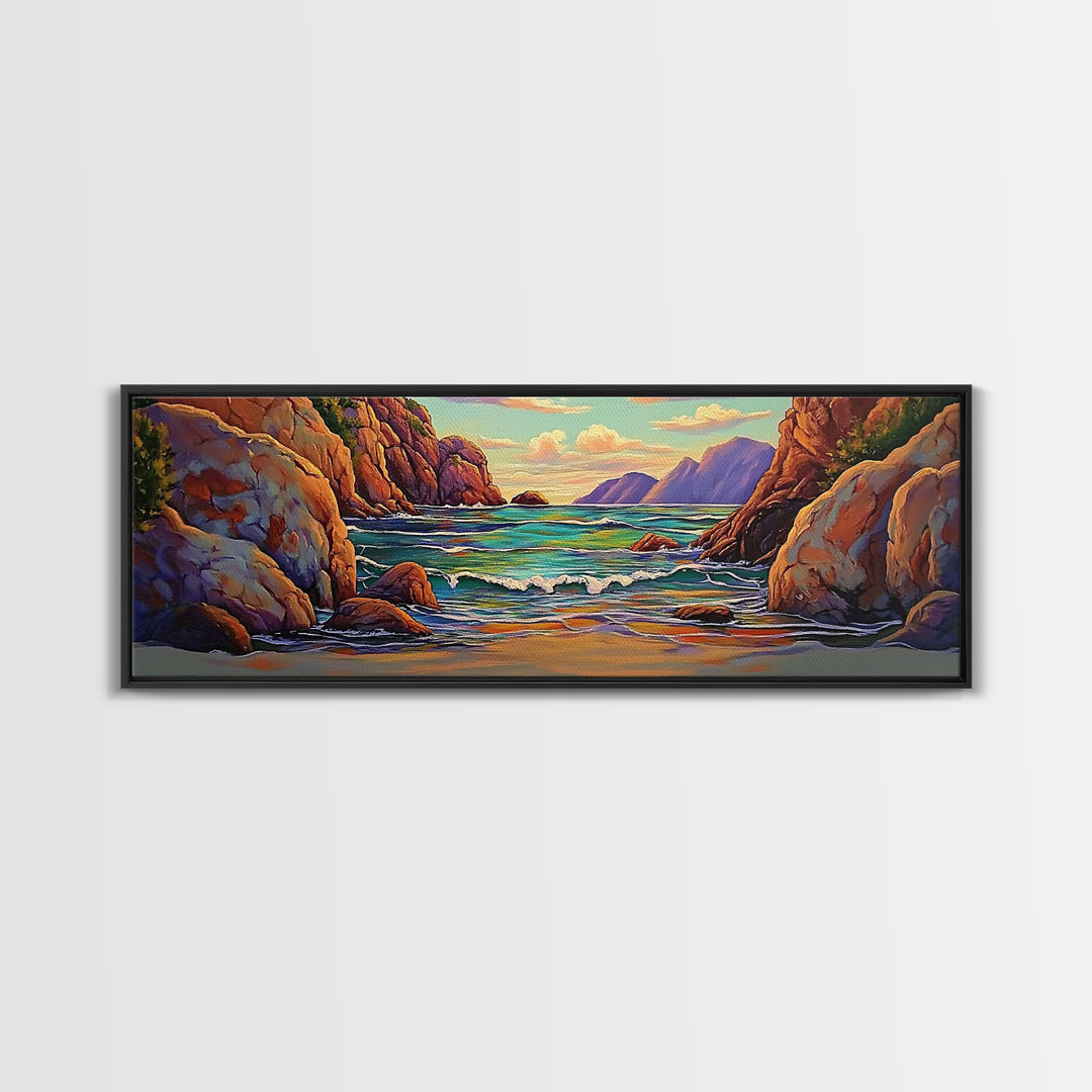 Rocky Cove, Sunset Ocean, Wave Art, Coastal View, Framed Canvas Print, Bathroom Wall Art, Earth Tones, Seascape Canvas Decor