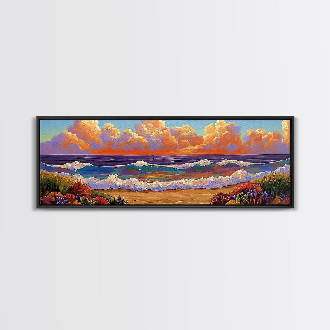 Beach Sunset, Gentle Waves, Cotton Clouds, Summer Calm, Framed Canvas Print, Coastal Wall Art, Soft Pastel Ocean Landscape