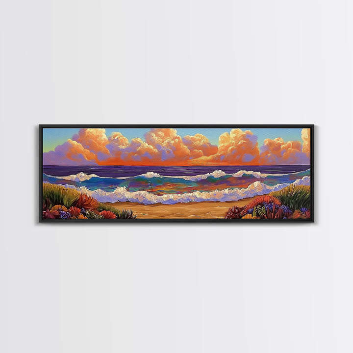 Beach Sunset, Gentle Waves, Cotton Clouds, Summer Calm, Framed Canvas Print, Coastal Wall Art, Soft Pastel Ocean Landscape