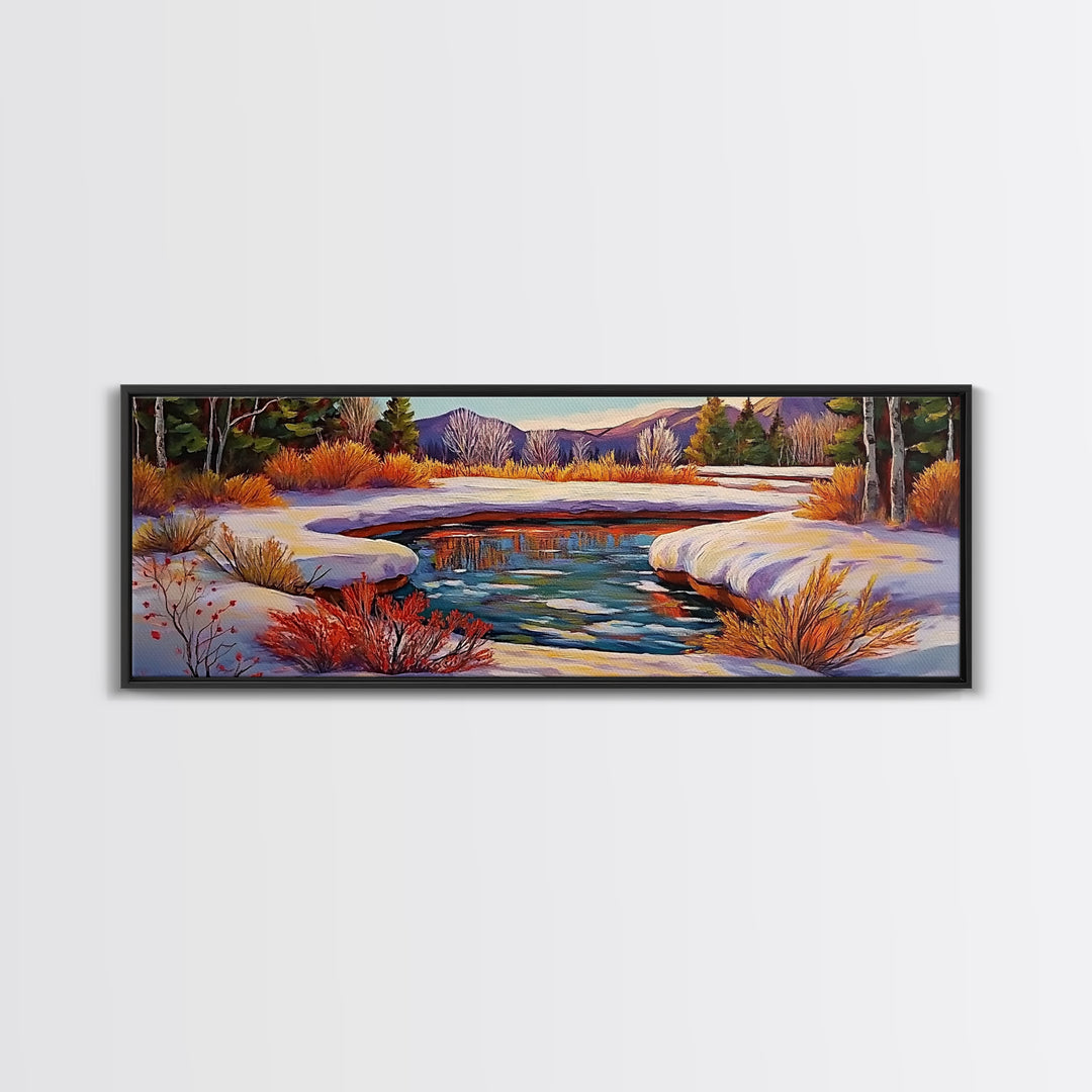 Snowy Mountain Pond, Winter Forest Stream, Sunset Reflection, Canvas Print, Rustic Cabin Wall Art, Nature Landscape Art