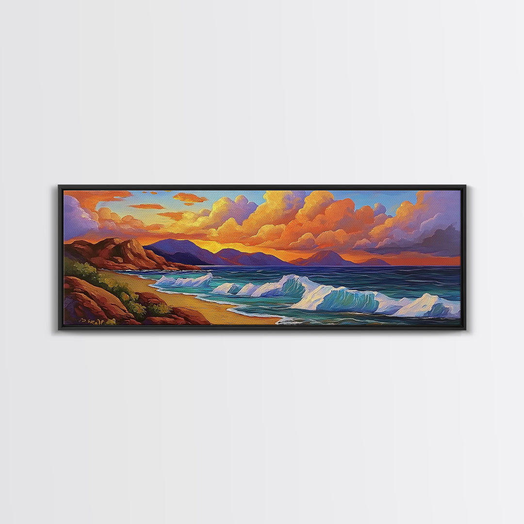 Coastal Sunset Glow, Ocean Horizon, Vibrant Wave Art, Framed Canvas Print, Living Room Wall Art, Colorful Beach Landscape