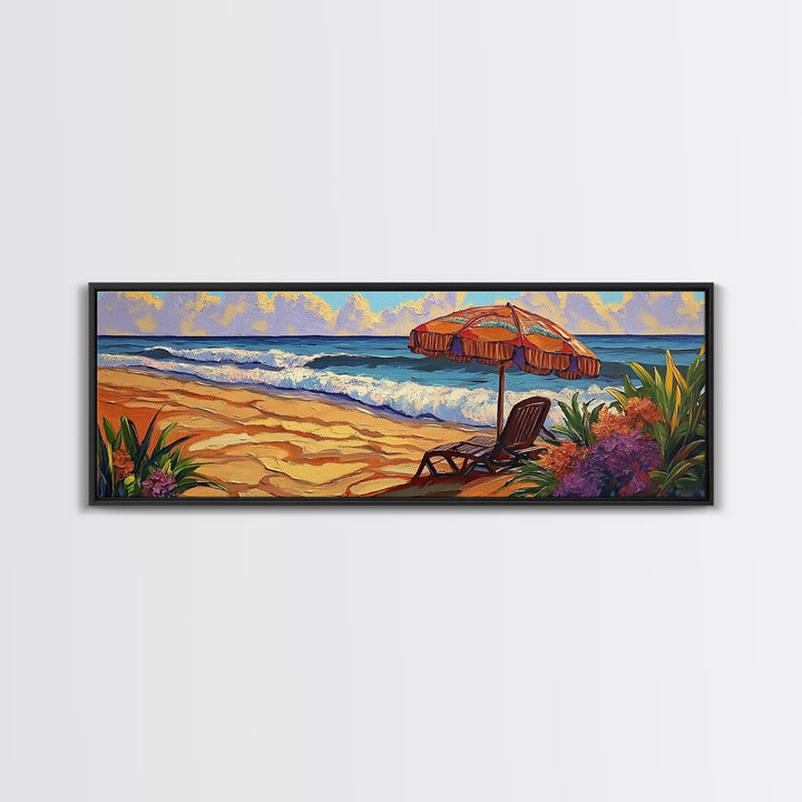 Beach Umbrella Scene, Vibrant Ocean View, Canvas Print, Tropical Coastal Decor, Seaside Living Room Wall Art, Boho Beach Style