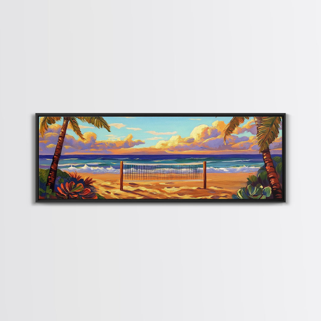 Beach Sunset, Palm Trees, Volleyball Net, Tropical Decor, Framed Canvas Print, Coastal Wall Art, Boho Beach Vibes, Game Room Art