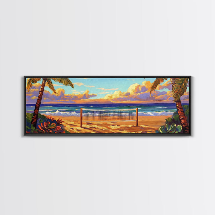 Beach Sunset, Palm Trees, Volleyball Net, Tropical Decor, Framed Canvas Print, Coastal Wall Art, Boho Beach Vibes, Game Room Art
