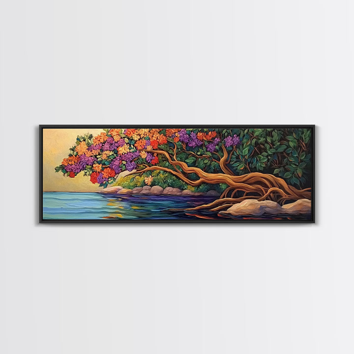 Blooming Tree, Ocean Shore, Tranquil Scene, Curved Branches, Framed Canvas Print, bedroom art, whimsical landscape, botanical wall piece
