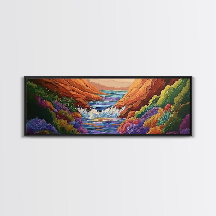 Canyon Stream Bloom, Colorful Desert River Scene, Vibrant Nature Painting, Framed Canvas Print, Southwest Living Room or Office Art