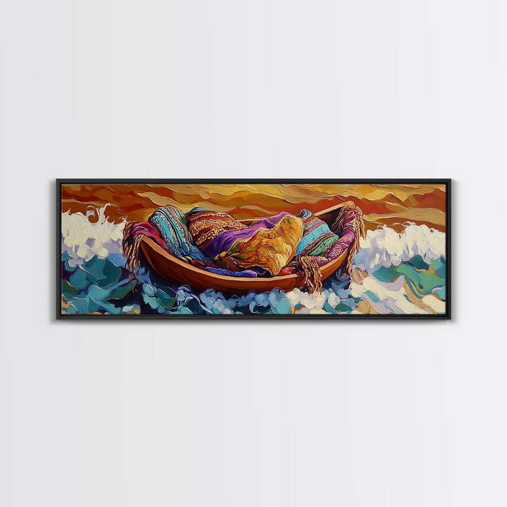 Cozy Boat, Colorful Blankets, Ocean Sunset, Serene Waves, Framed Canvas Print, Bohemian Bedroom Art, Nautical Style, Relaxation Vibe