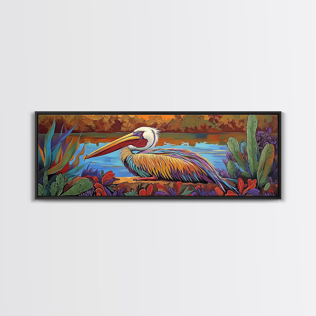 Colorful Pelican, Tropical Bird, Lake Wildlife, Autumn Palette, Framed Canvas Print, Boho Nature Wall Art, Dining Room Bird Artwork