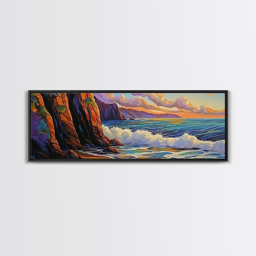 Coastal Cliff, Ocean Waves, Sunset Water, Rocky Shoreline, Framed Canvas Print, Bathroom Wall Art, Vibrant Seascape, Beach House Style