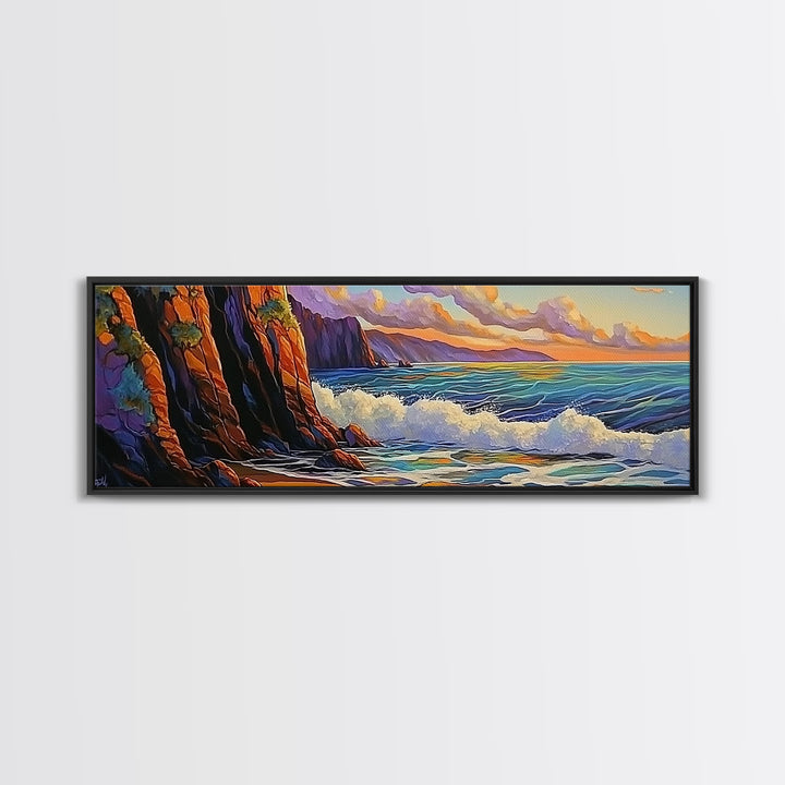 Coastal Cliff, Ocean Waves, Sunset Water, Rocky Shoreline, Framed Canvas Print, Bathroom Wall Art, Vibrant Seascape, Beach House Style
